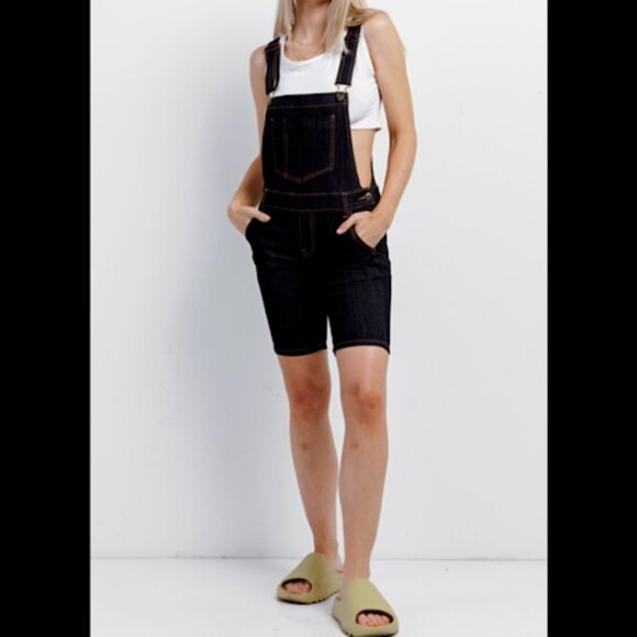 Women's Denim Shortalls Dark Denim Adjustable Straps Overall Jean Shorts Y2k - Picture 5 of 5
